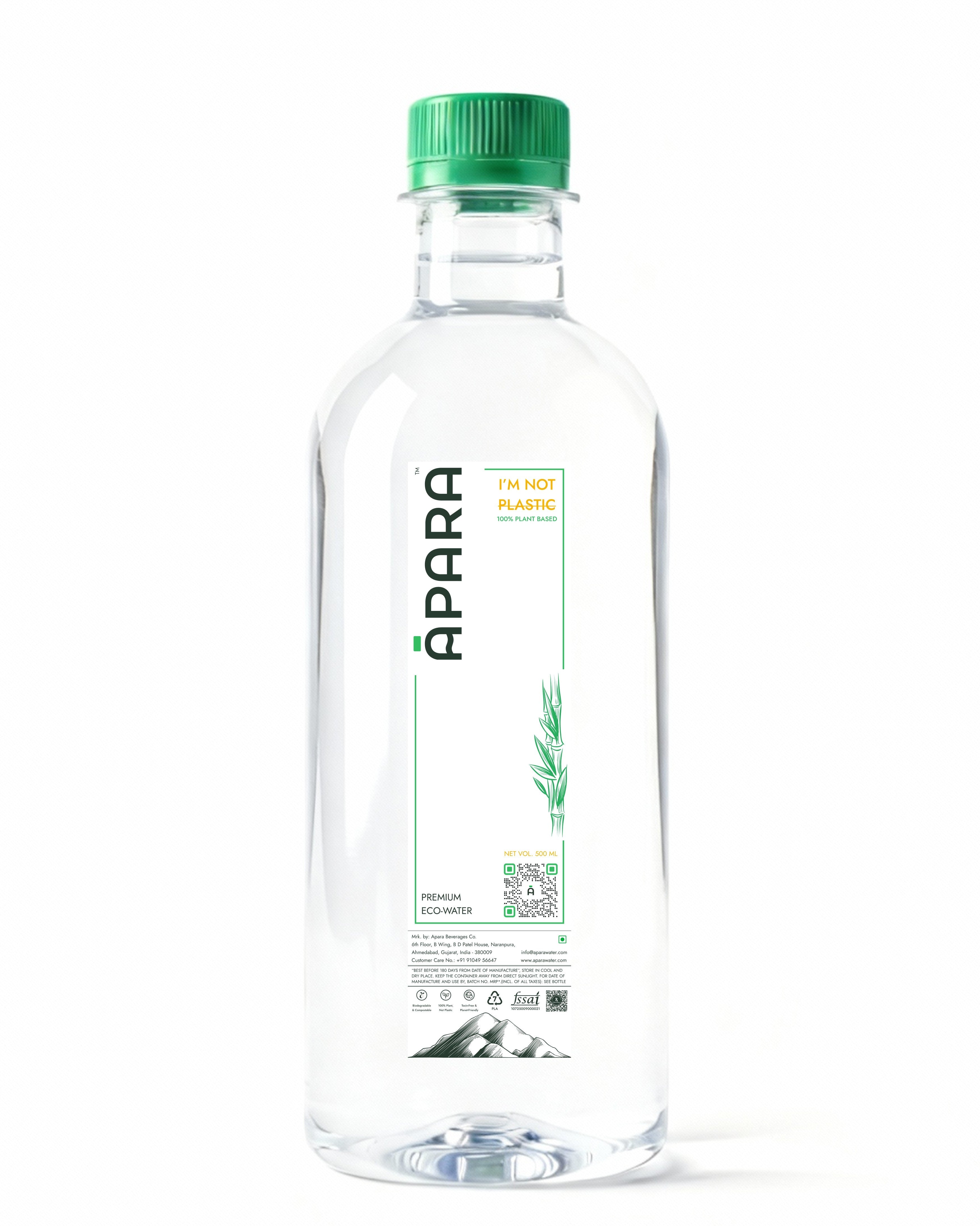 Apara Natural Mineral Water - 500 mL | I AM NOT PLASTIC | 100% Bio-Compostable Water Bottle